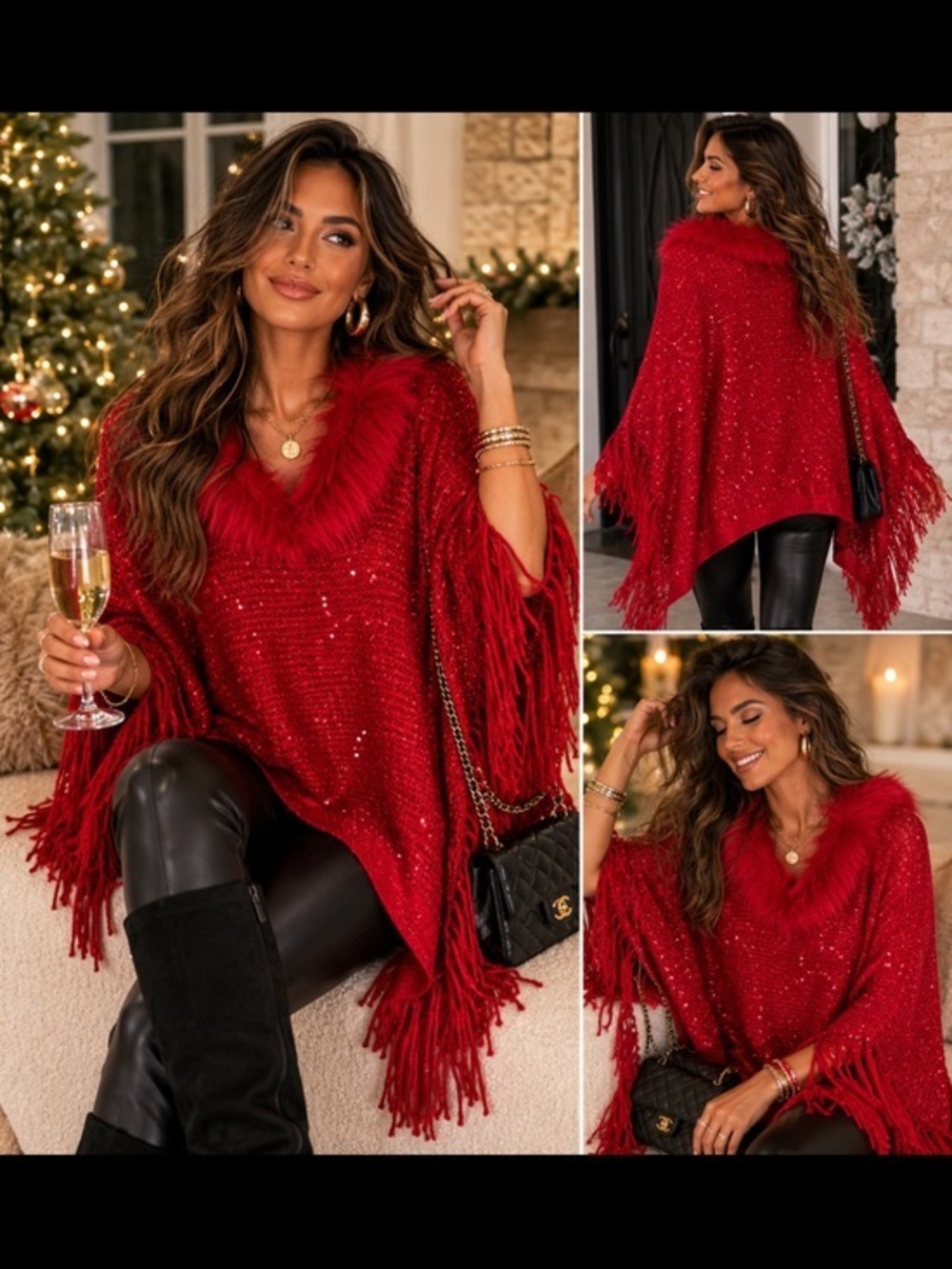 Sapphire Red Sequin Fringe Poncho Faux Fur Collar Shawl Wrap Holiday Glam